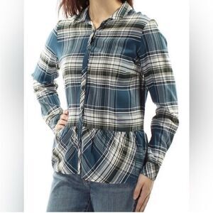 Kensie teal blue button front Plaid Peplum viscose Top womans M